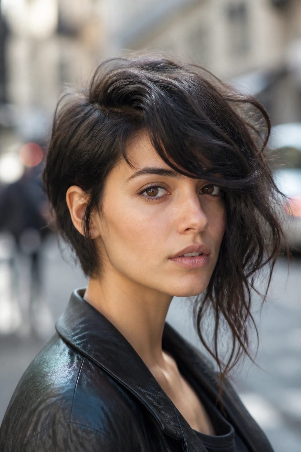 Close-up portrait of a real person with a wavy diagonal asymmetrical fringe