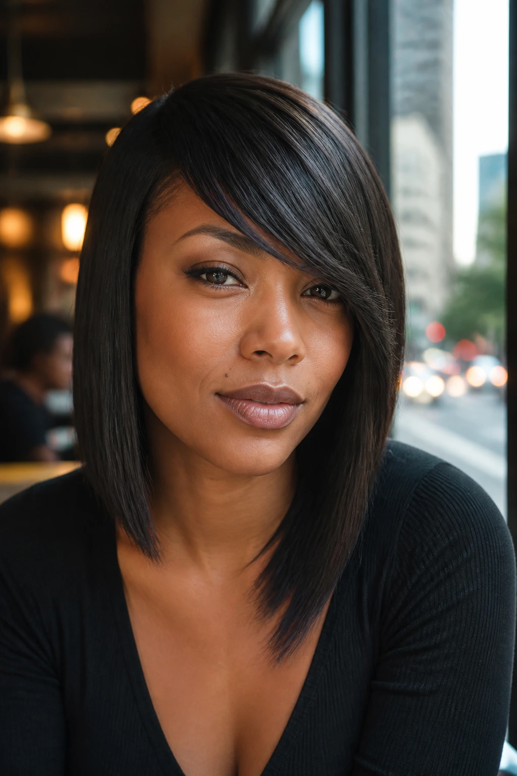 Close-up of a real woman with an asymmetric lob and deep side bangs