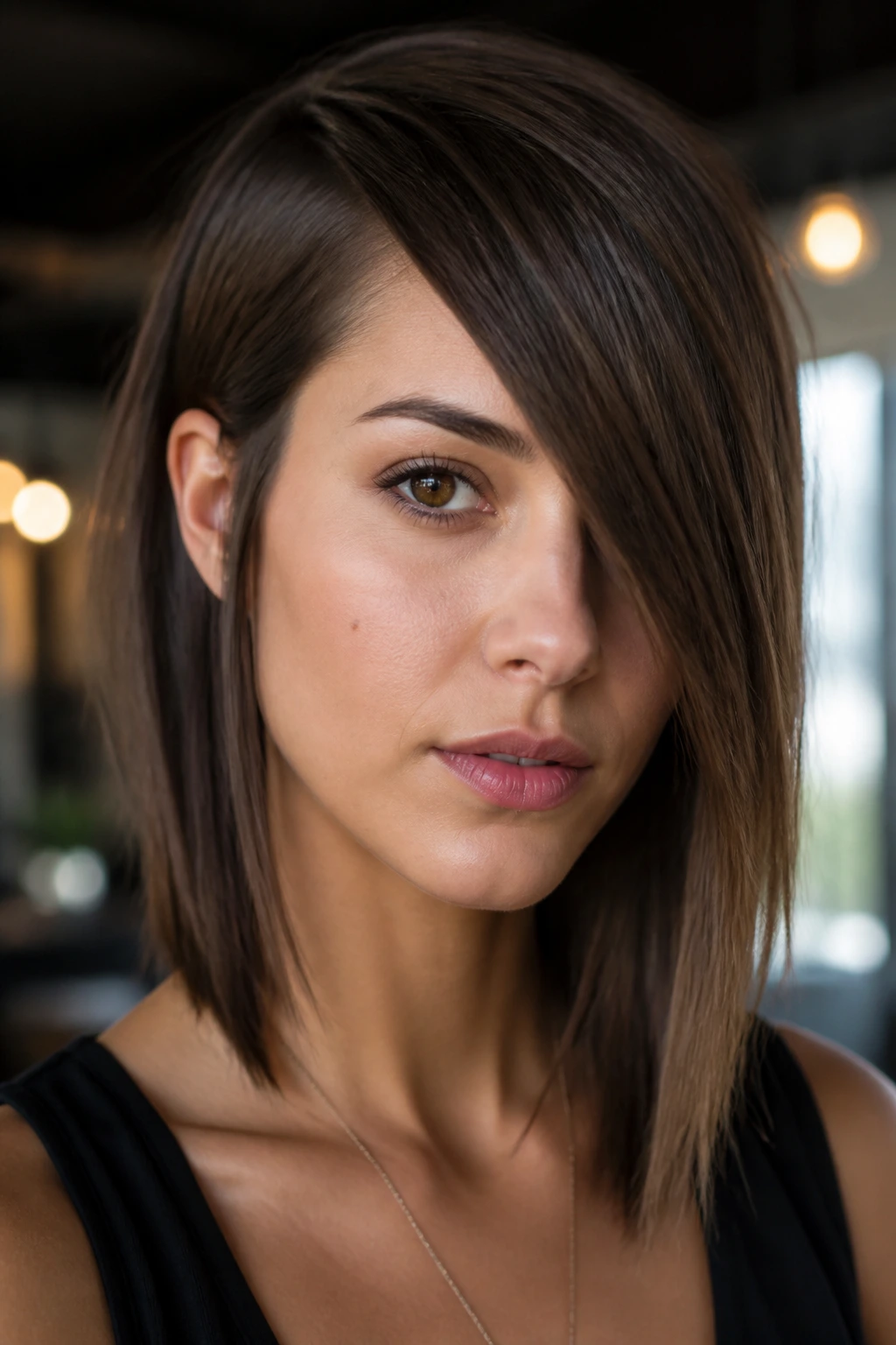 Close-up of a real person with diagonal asymmetric bangs on straight hair