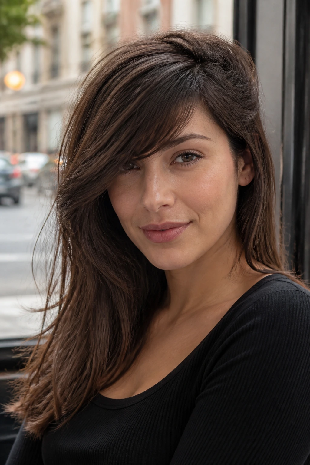Close-up of a real woman with asymmetric long side bangs sweeping the forehead