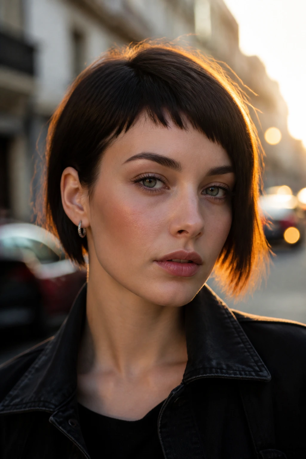 Close-up of a real woman with asymmetric micro fringe diagonal across the forehead