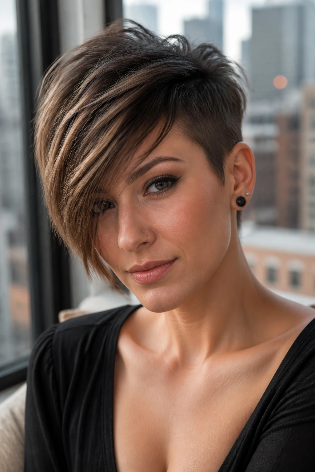 Portrait of woman with asymmetric pixie and sweeping side bangs in a window-lit setting.
