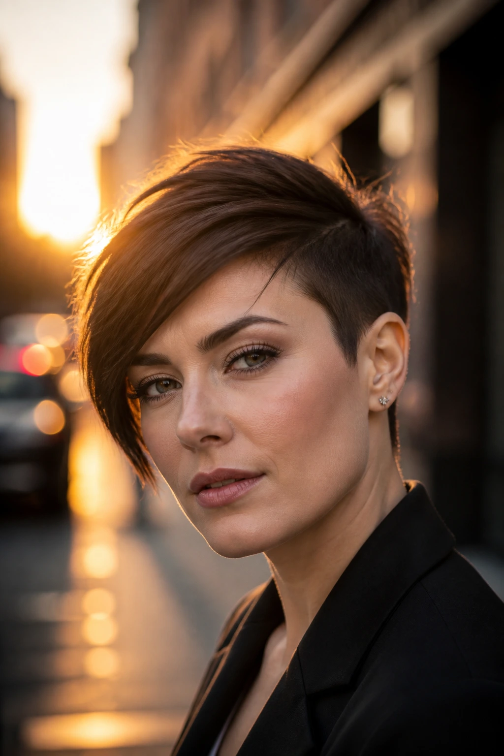 Close-up of a person with an asymmetric pixie cut