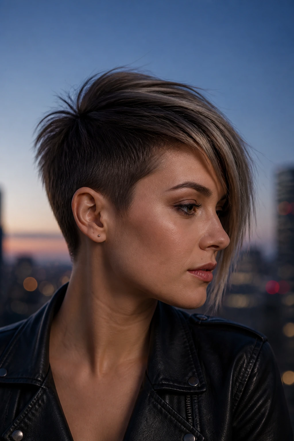 Real person with asymmetric pixie cut on a rooftop at dusk