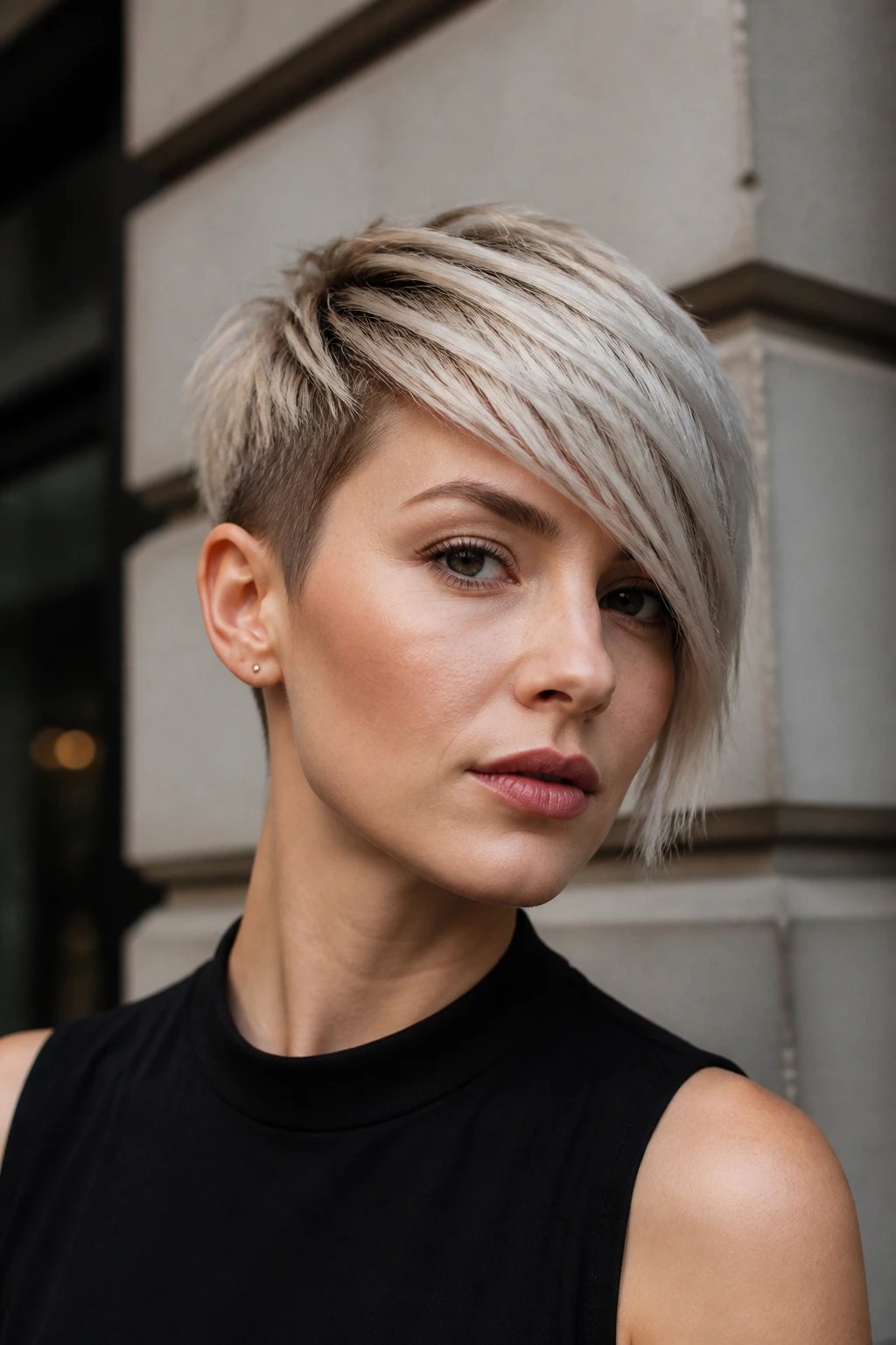 Portrait of a real woman with an asymmetric pixie haircut