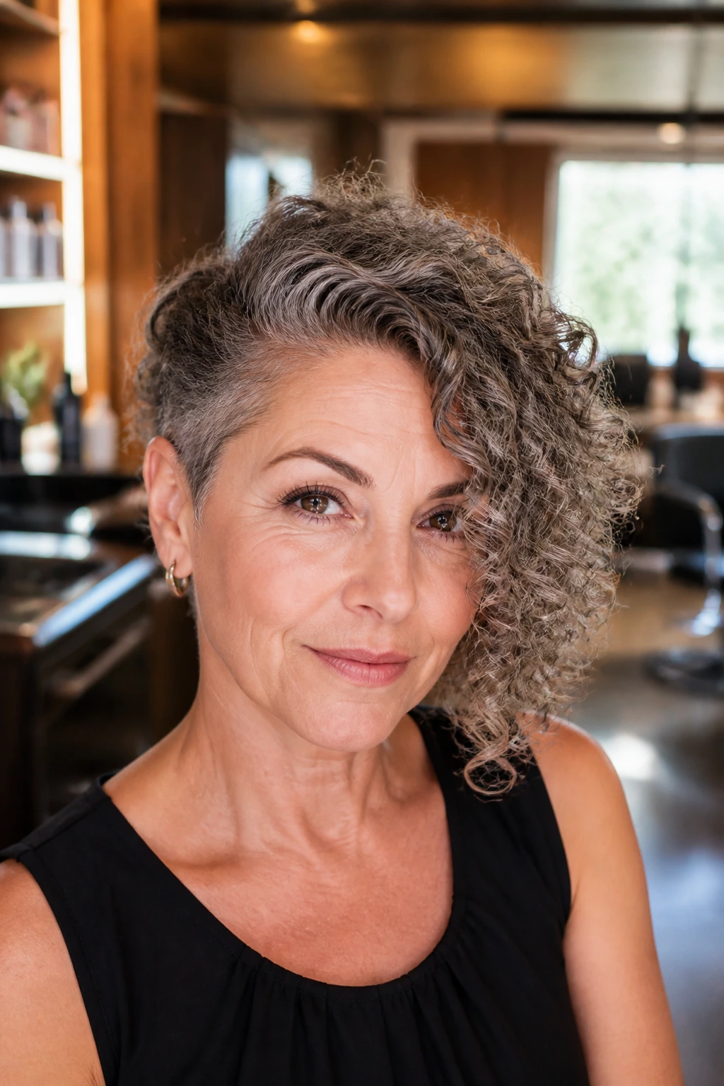 Close-up of a real woman with an asymmetric side-parted poodle shag styled for volume