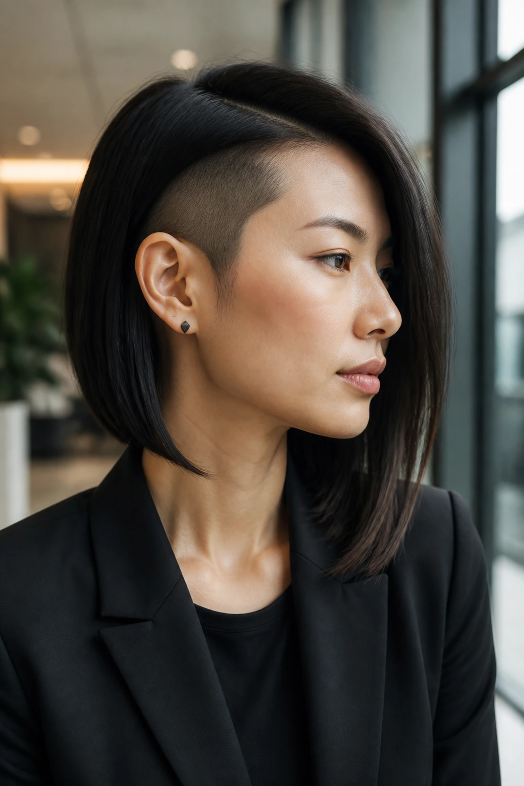 Side-profile portrait of a person with asymmetric shaved temple lob hairstyle