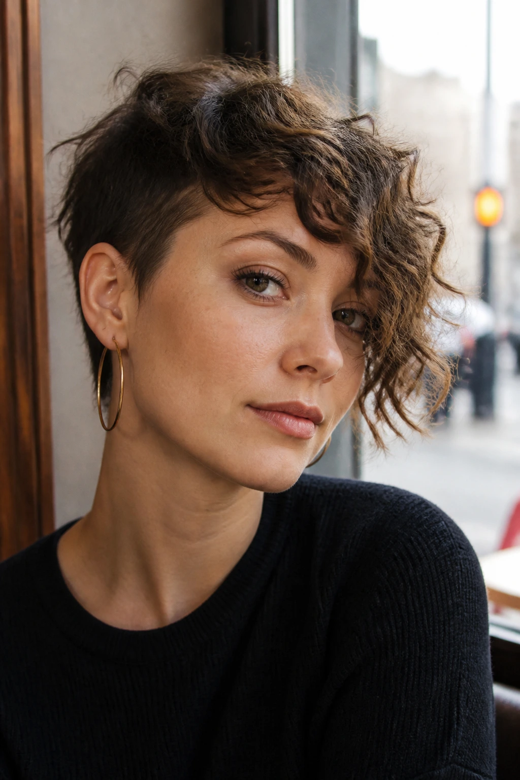 Close-up of a person with asymmetric short shag and spiral bangs