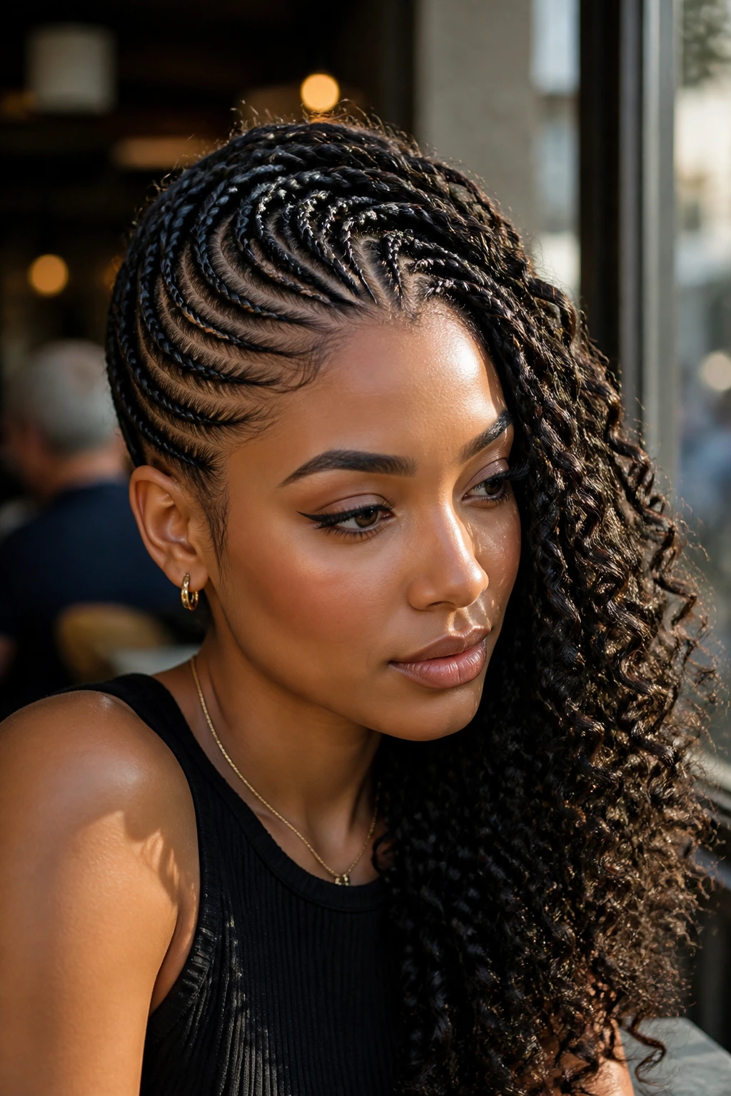 Close-up of a real person with asymmetrical side-sweep braids framing the face.