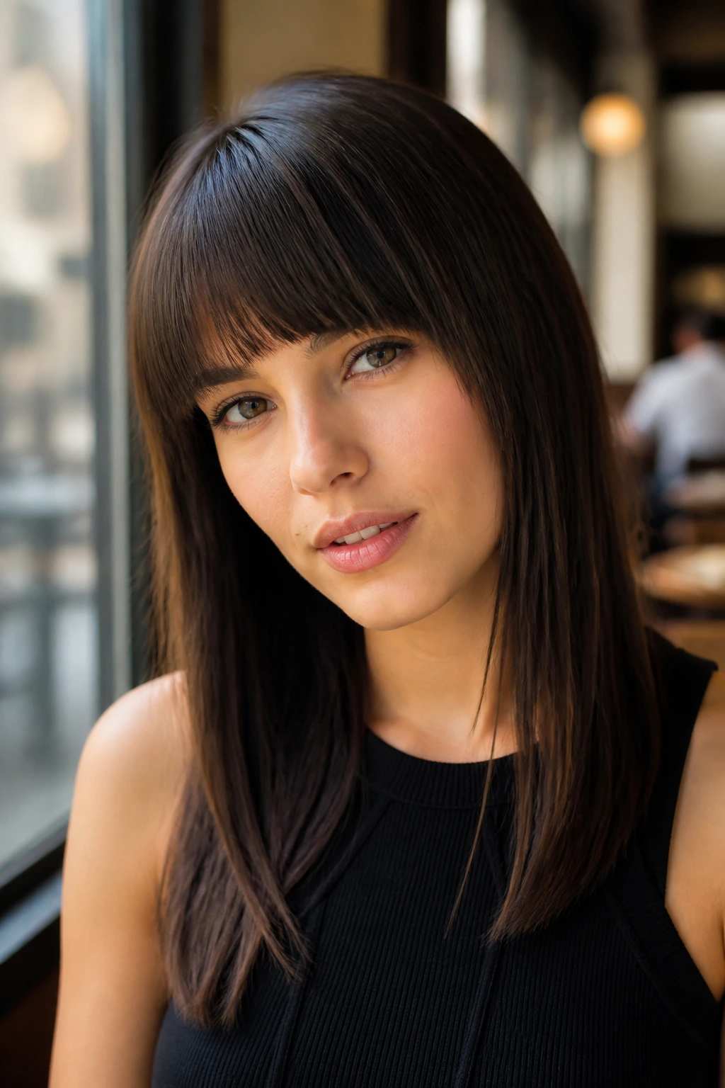 Close-up portrait of a real person with asymmetric slanted bangs and blunt ends against a soft cafe-lit background