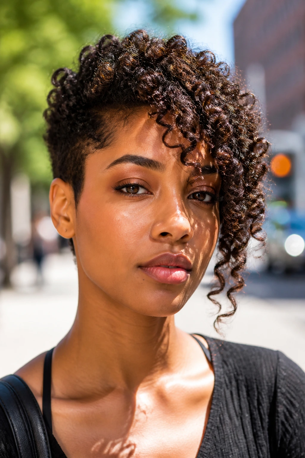 Portrait of asymmetric spiral bangs with a diagonal line on a real person