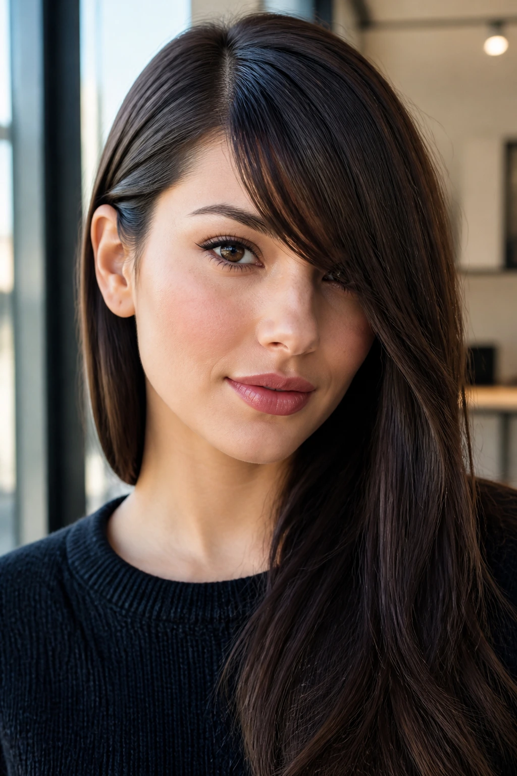 Close-up of a real woman with asymmetric sweeping bangs and dramatic contrast