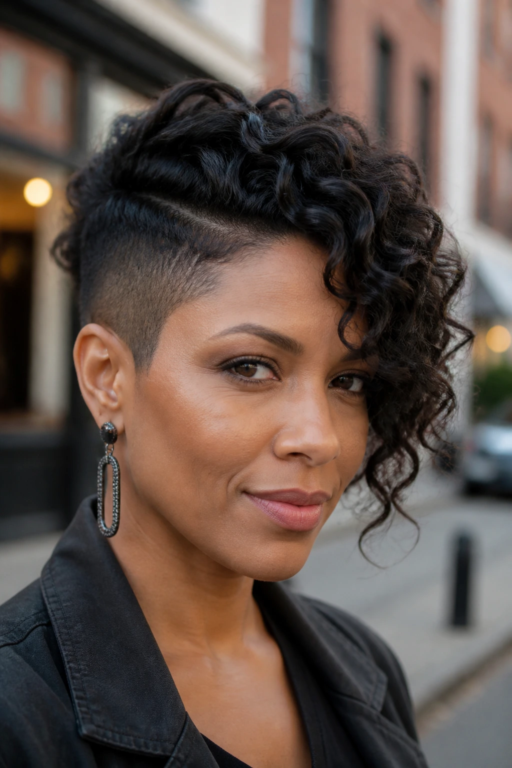 Portrait of a real person with an asymmetric tapered cut showing short and long sides