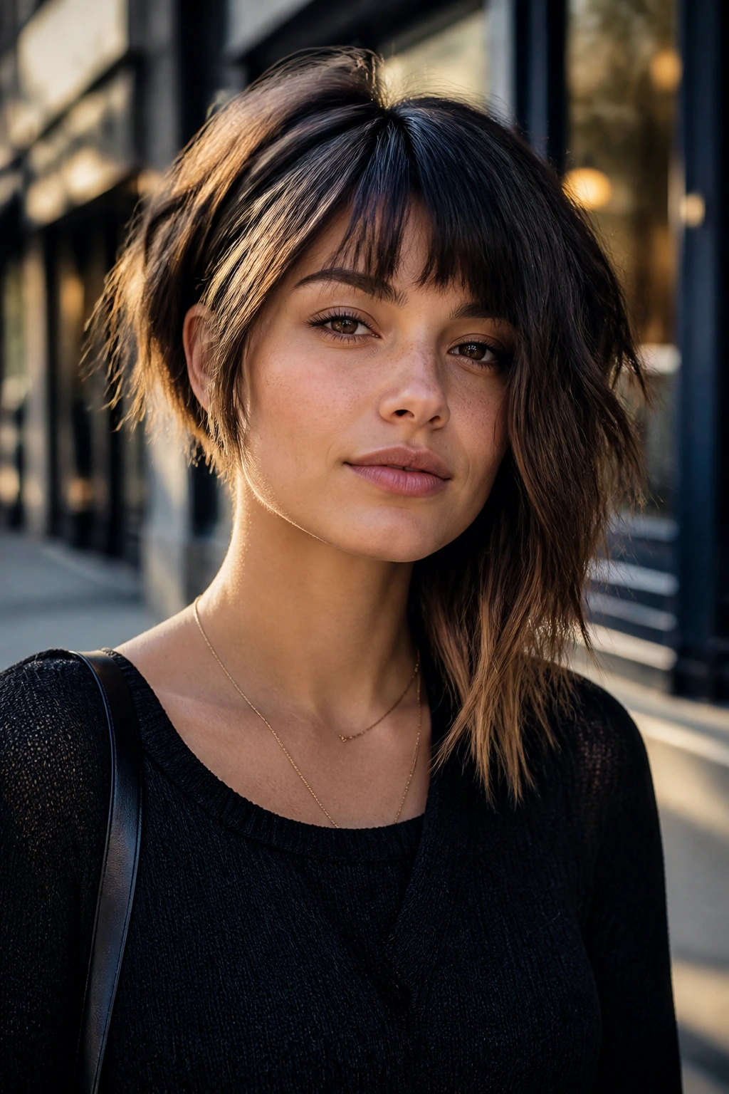 Close-up of a real woman with an asymmetric textured bob in urban light