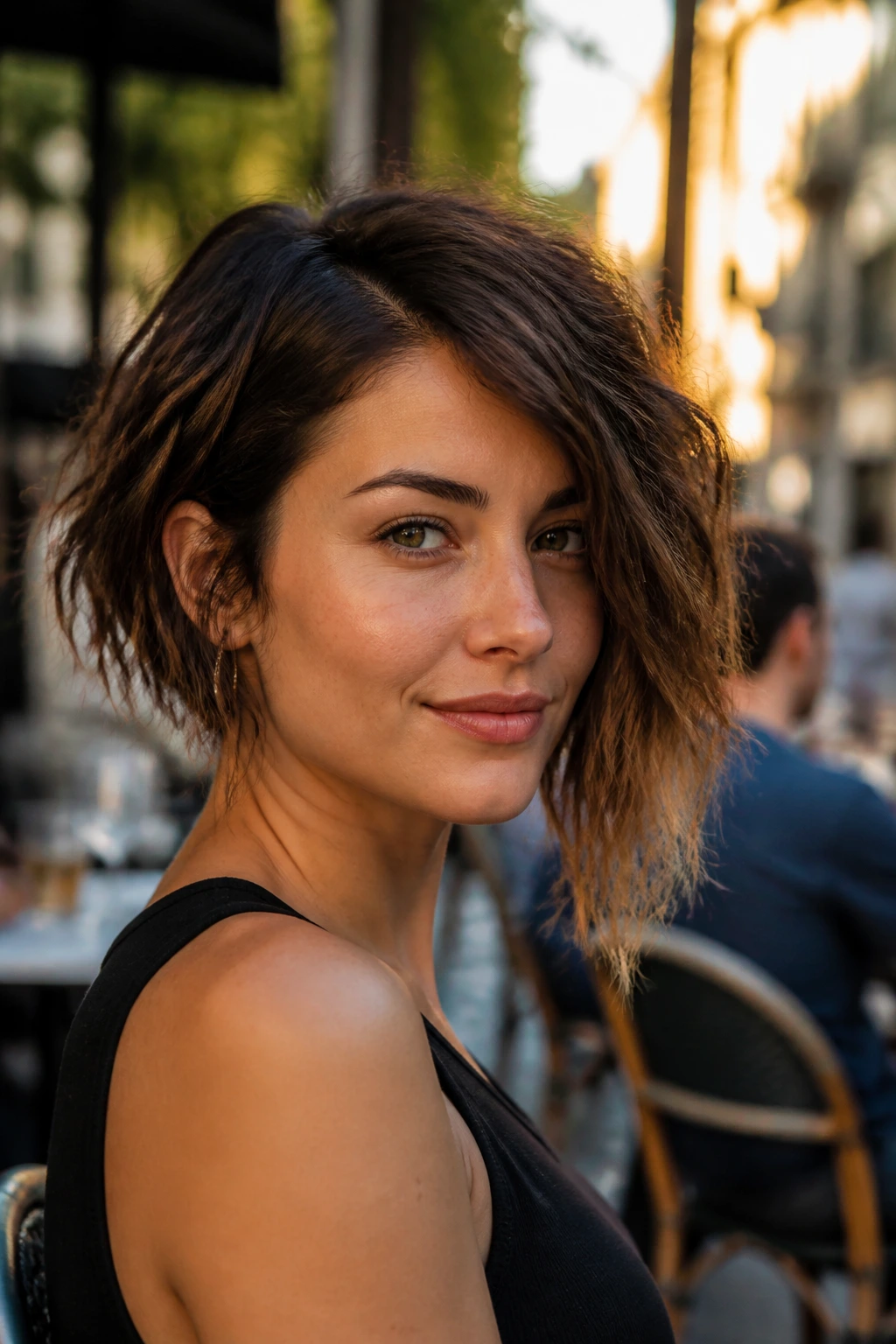 Portrait of a real woman with an asymmetric wavy bob showing longer side.