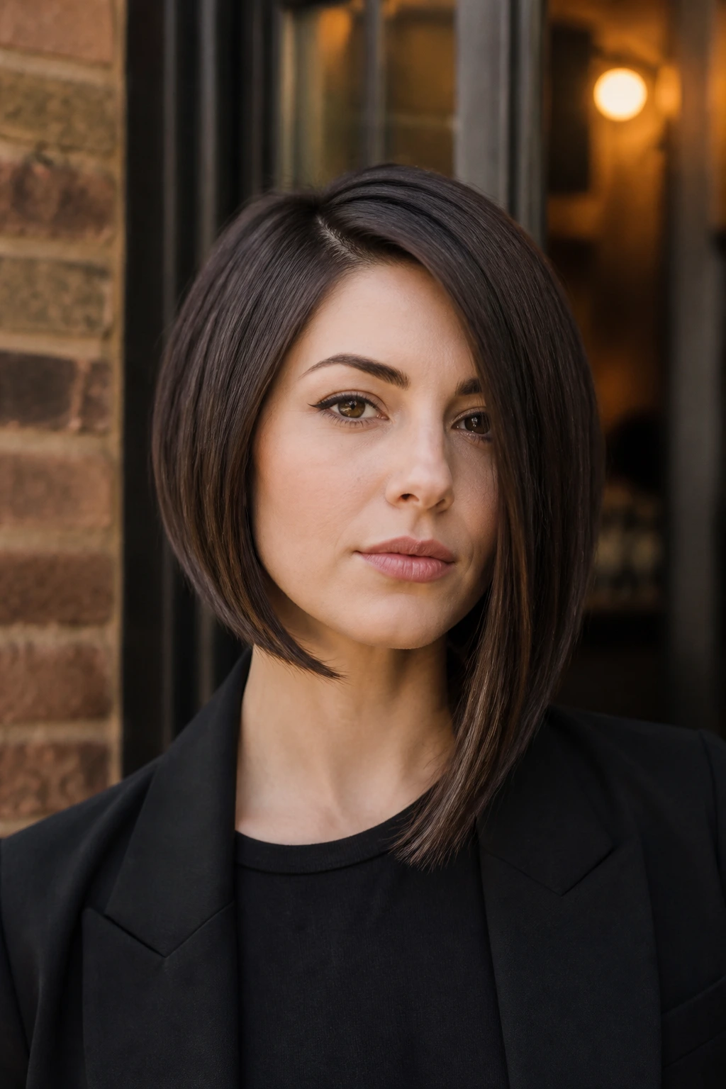 Portrait of a person with an asymmetrical A-line bob in urban doorway