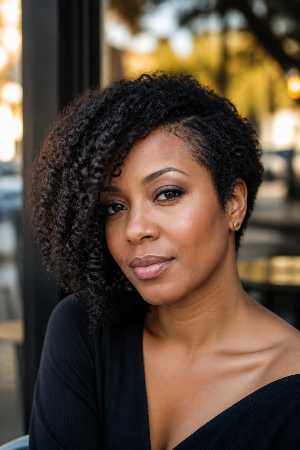 Close-up of a real person with an asymmetrical angled bob, one side longer.