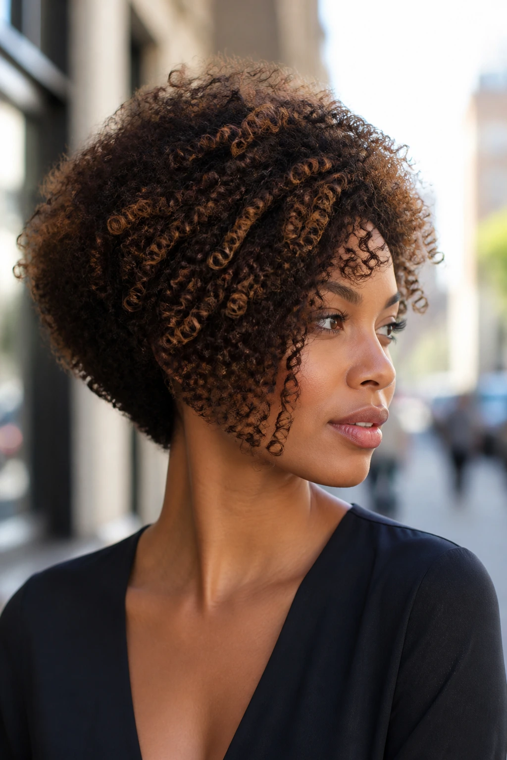 Portrait of a real woman with an asymmetrical angled bob on a city street