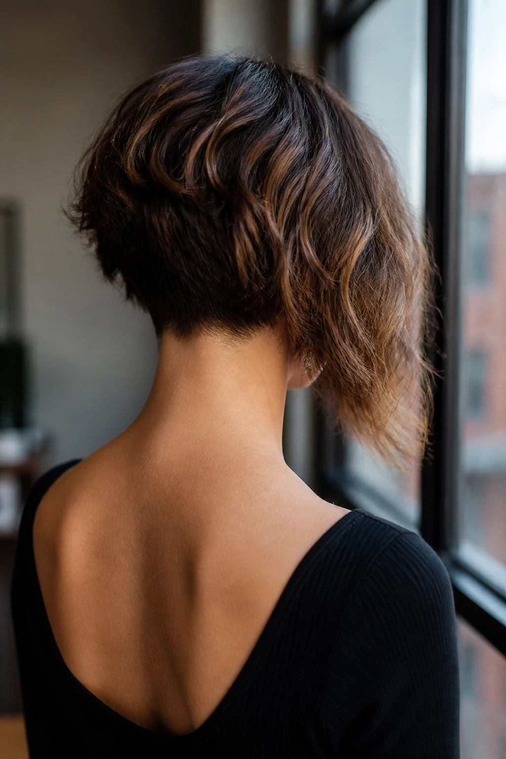 Back view of real woman with asymmetrical angled bob