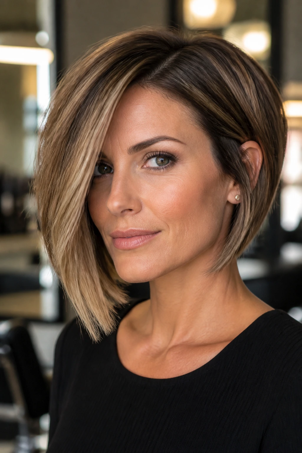 Close-up of a real person with an asymmetrical angled bob