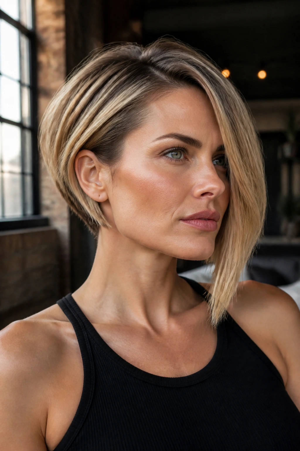 Close-up of a real woman with an asymmetrical angled stacked bob