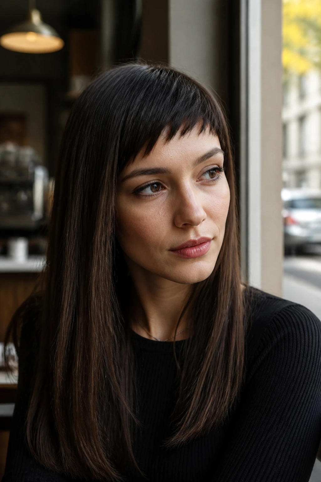 Portrait of a person with an asymmetrical slanted micro bang