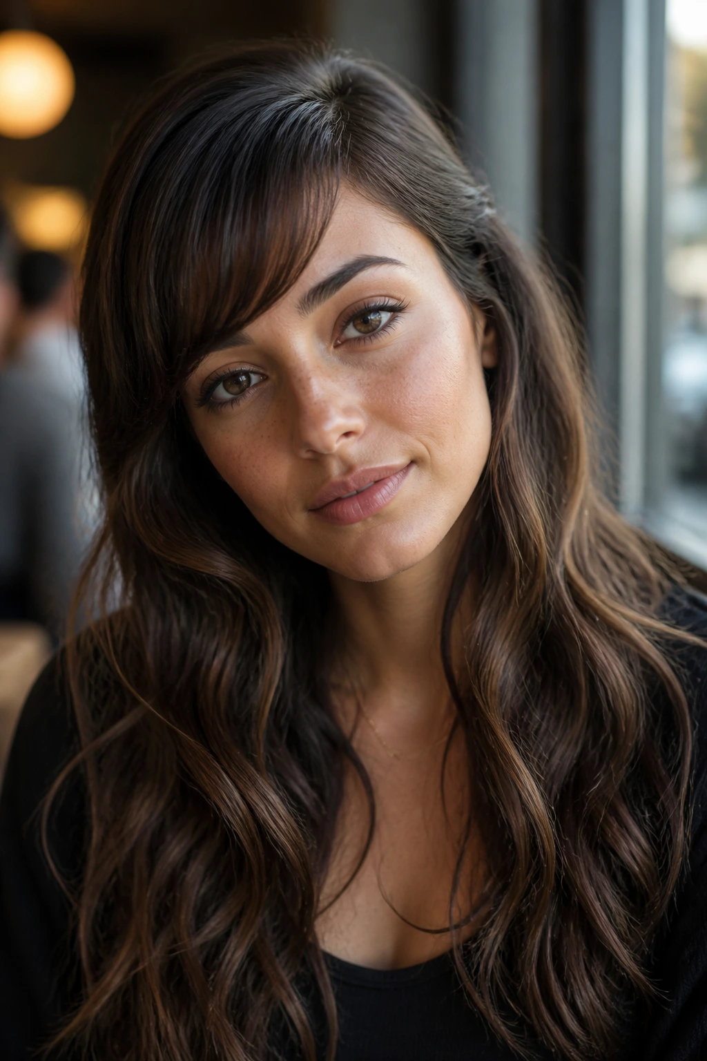 Close-up of a real person with asymmetrical bangs and deep side-part waves