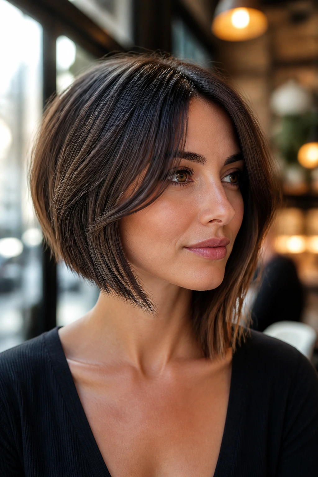 Real woman with asymmetrical bob in cafe-like setting