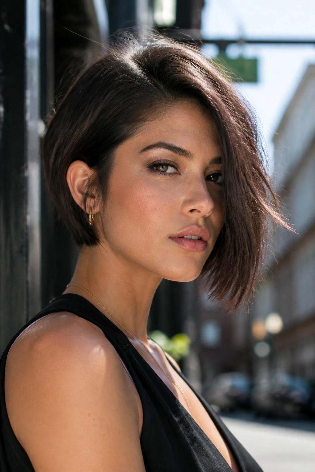 Close-up of a real woman with an asymmetrical bob