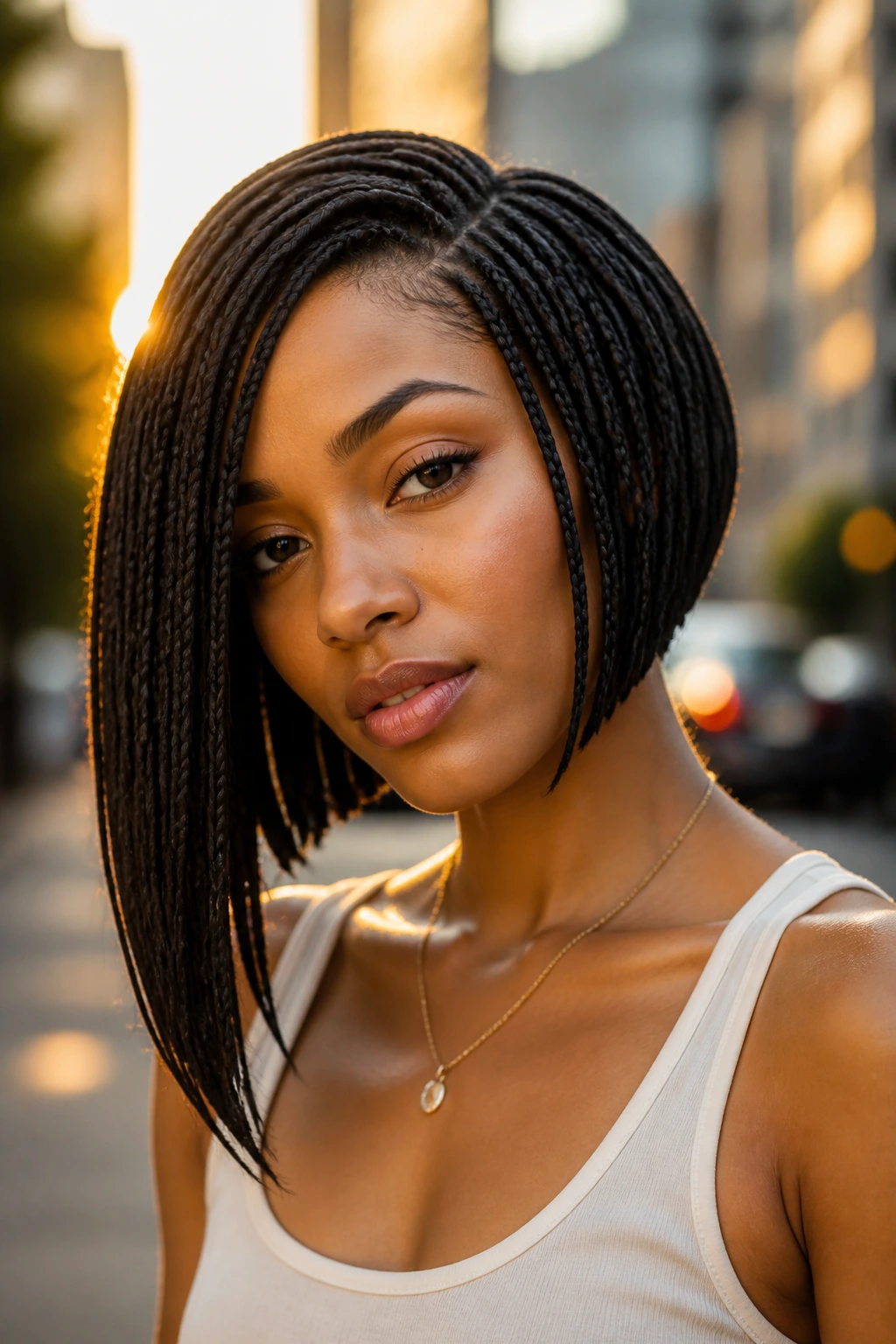 Portrait of a real person with an asymmetrical bob longer on one side.