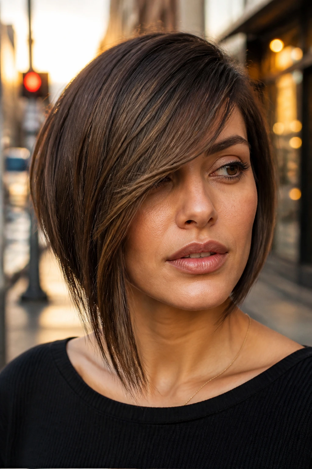 Close-up portrait of a real woman with an asymmetrical bob and long bangs.
