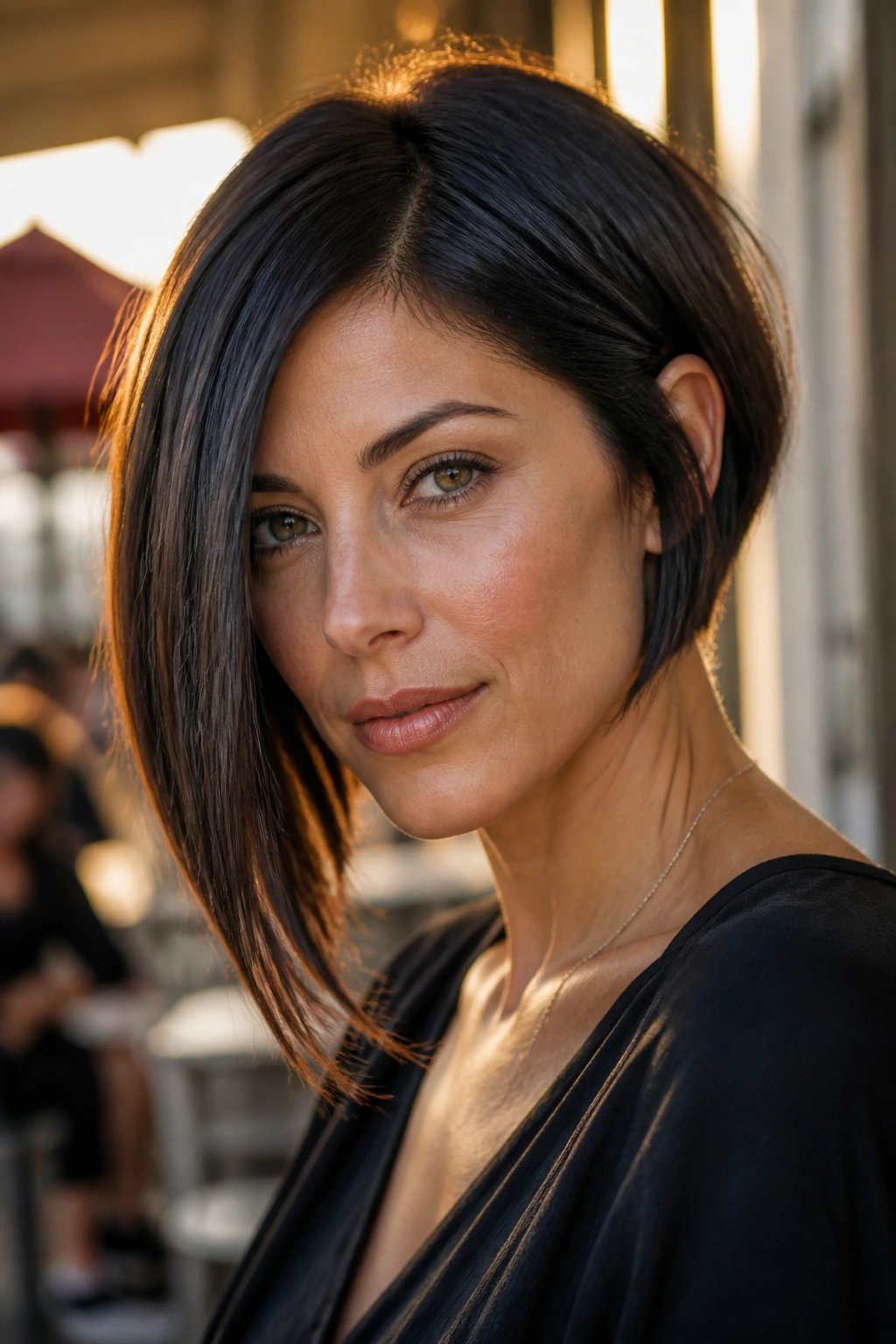 Portrait of a woman with a sharp asymmetrical bob in a cafe