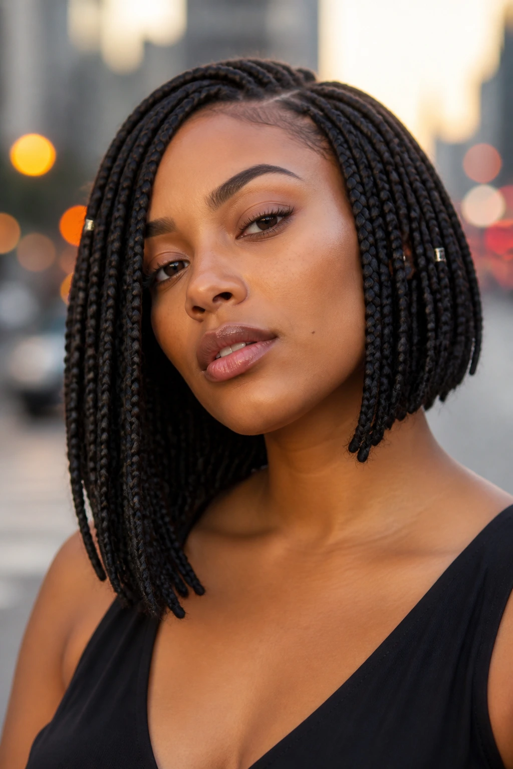 Real person with an asymmetrical bob braid hairstyle on a city street at golden hour