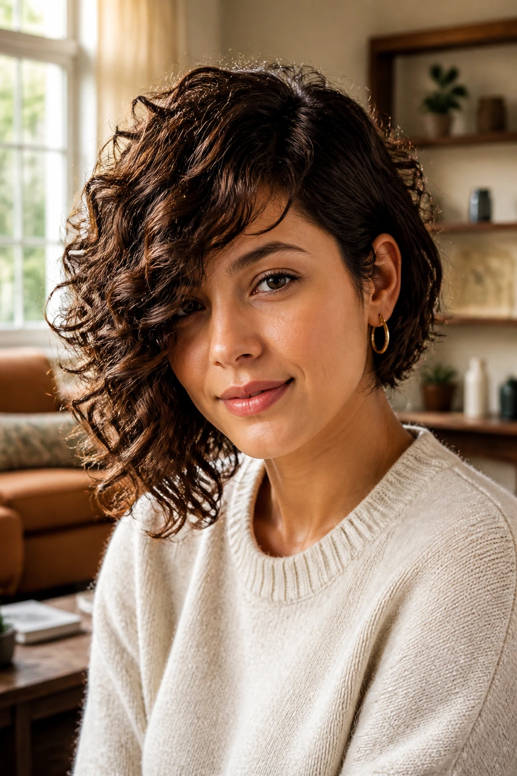 Close-up of a real woman with an asymmetrical side-swept curly bob in a cozy living room.