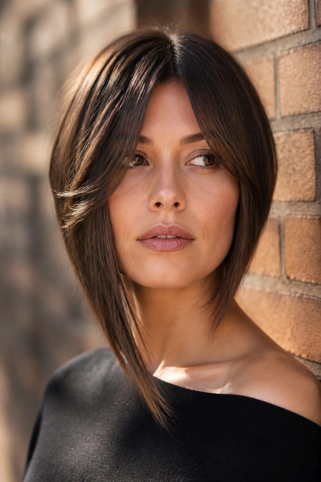 Close-up portrait of a woman with an asymmetrical bob and deep curtain bangs against a brick wall