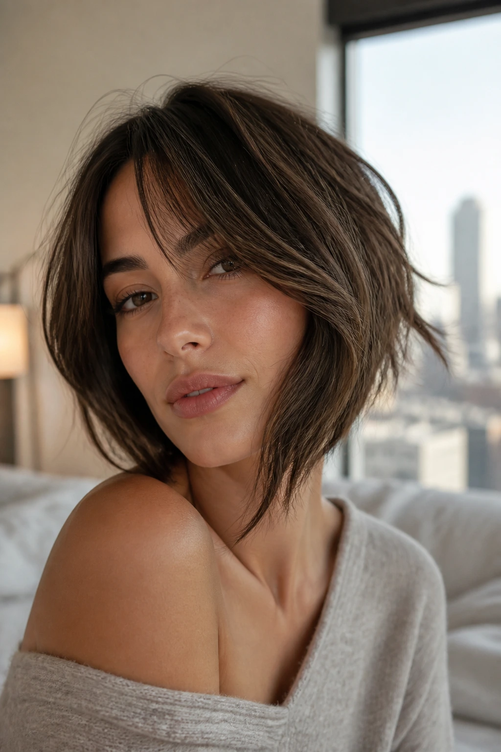 Close-up portrait of a real person with an asymmetrical bob and curtain bangs in natural daylight