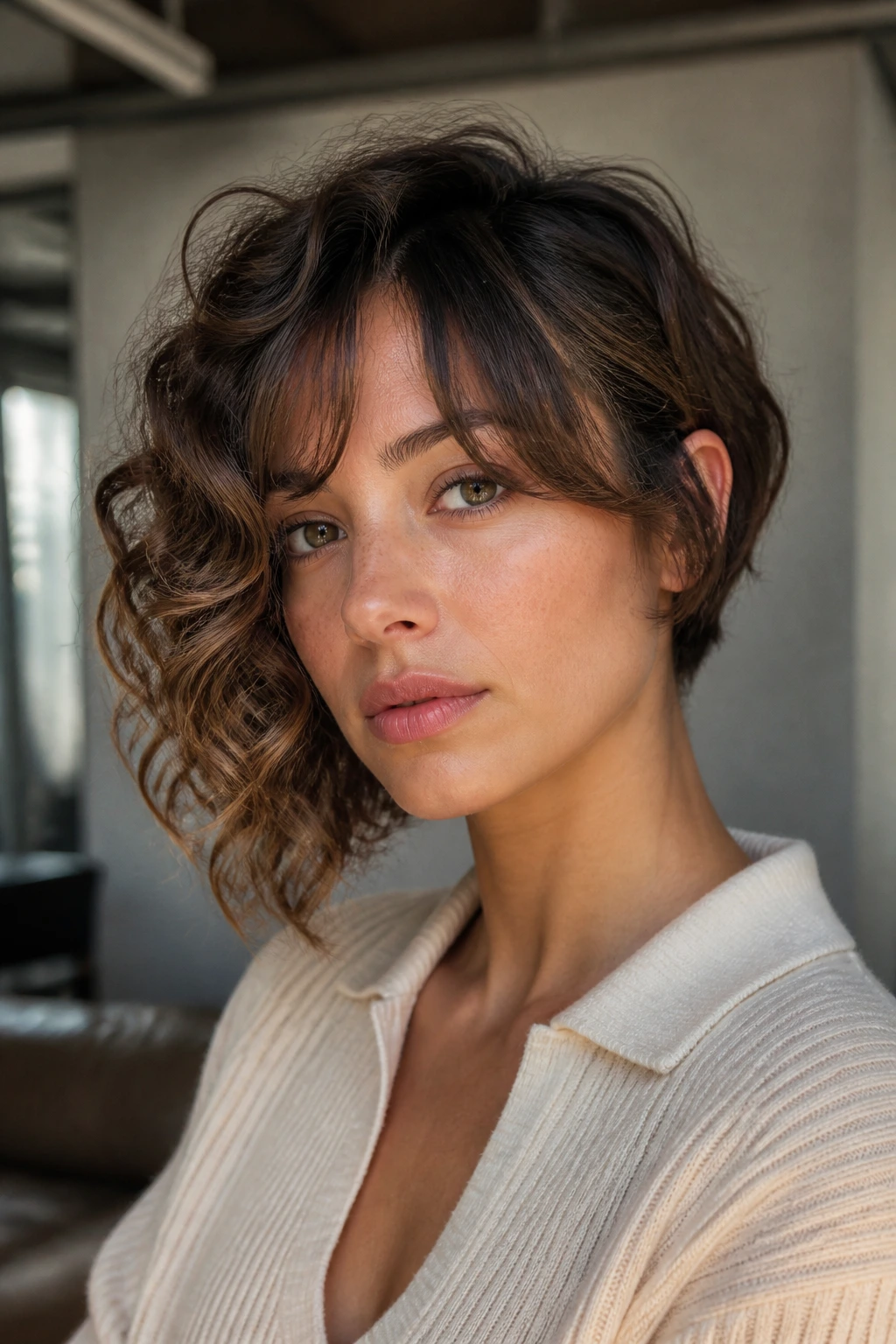 Real woman with asymmetrical bob and soft curtain bangs