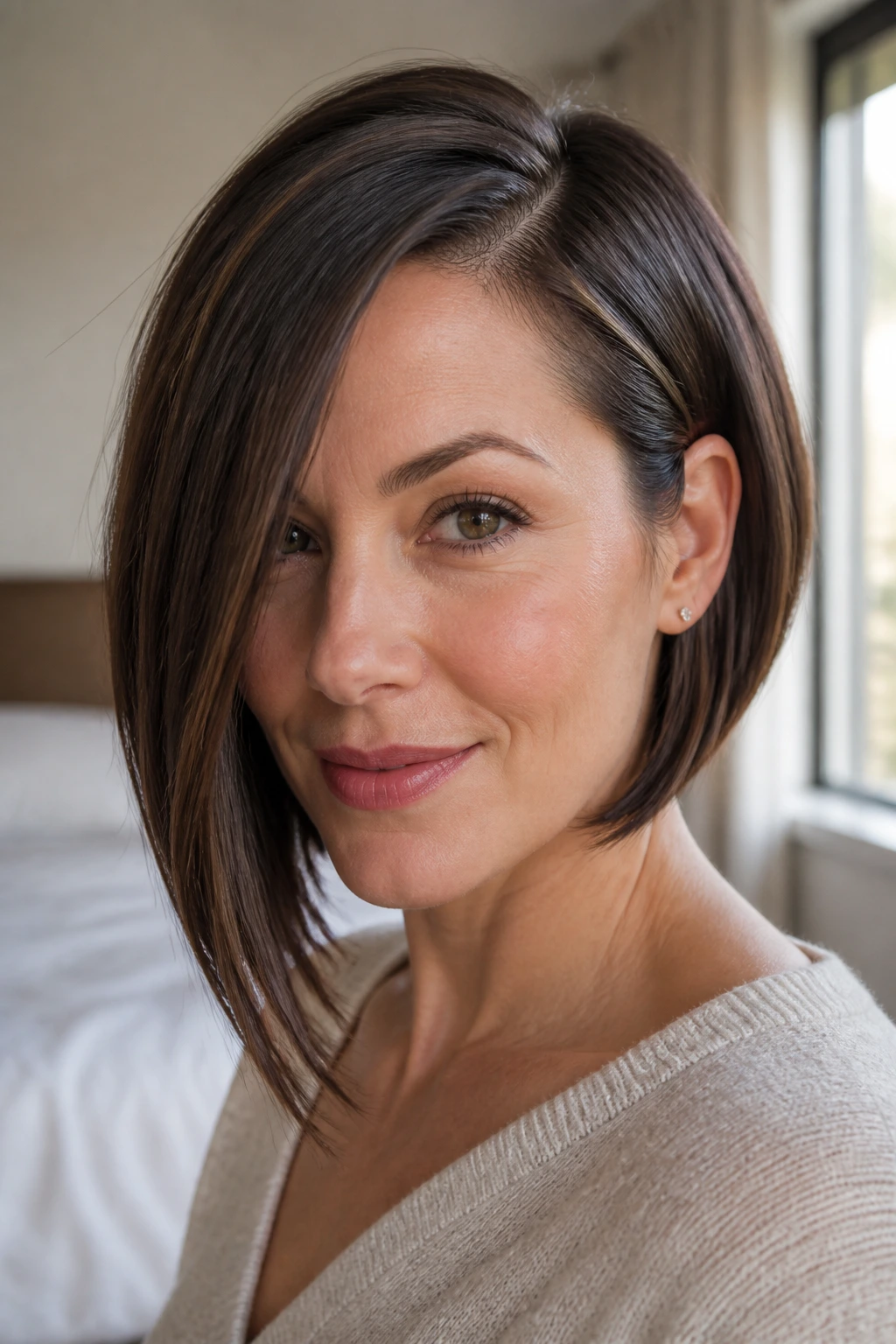 Close-up portrait of a real woman with an asymmetrical bob and deep side part, hair framing the face.