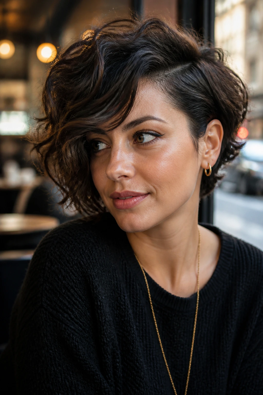 Close-up of a real woman with an asymmetrical bob and deep side part in cafe window light