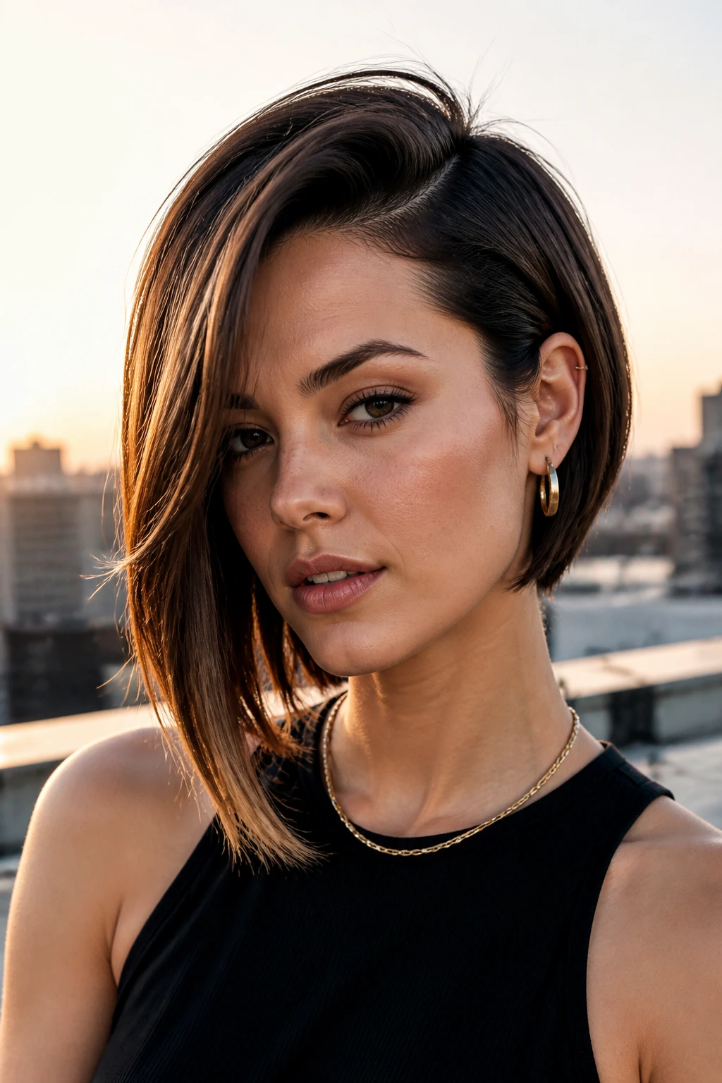 Portrait of asymmetrical bob with deep side part on a real person in sunset light