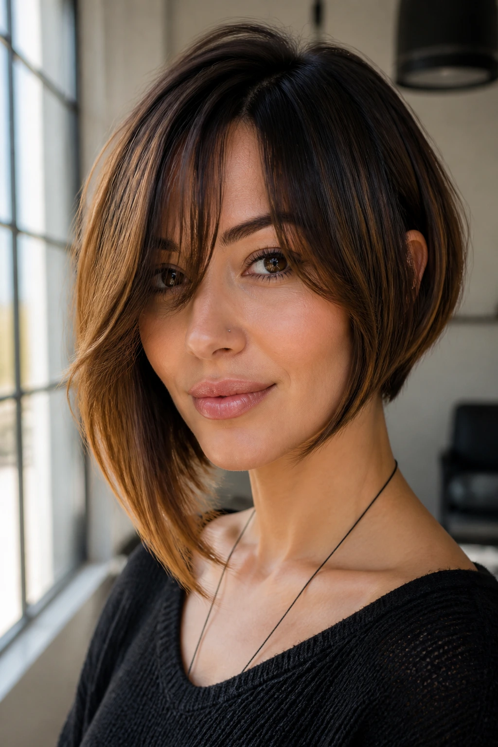 Portrait of a real woman with an asymmetrical bob and soft fringe