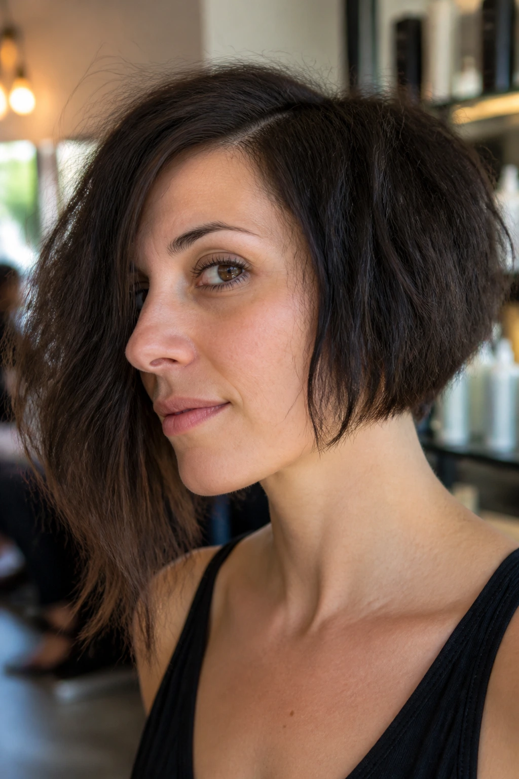 Close-up portrait of a real woman with an uneven asymmetrical bob showing one shorter side and frizzy texture.