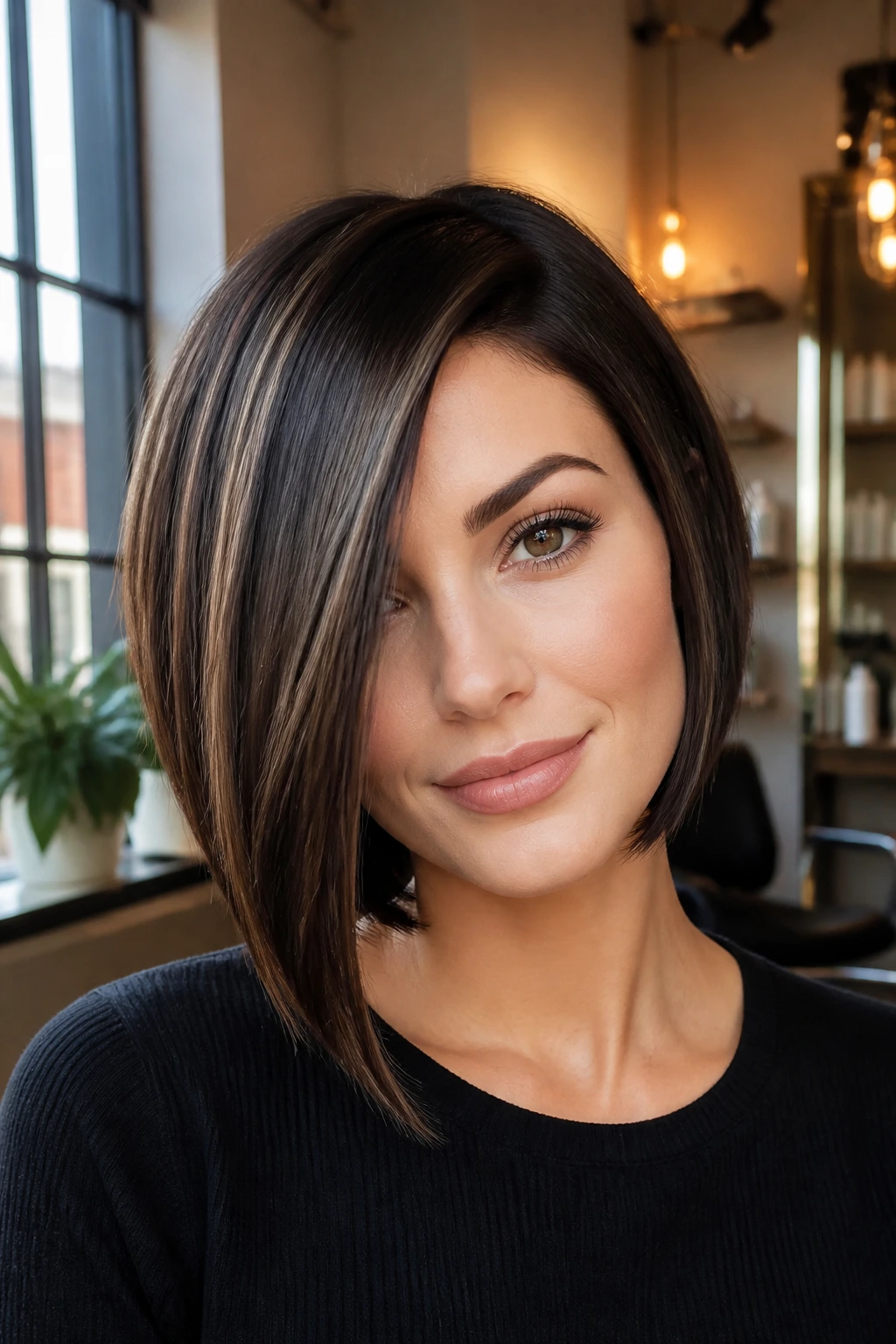 Close-up of a real woman with a sleek asymmetrical A-line bob and glossy dark hair