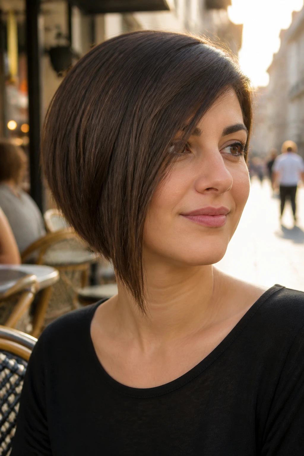 Real woman with asymmetrical bob showing angled cut.