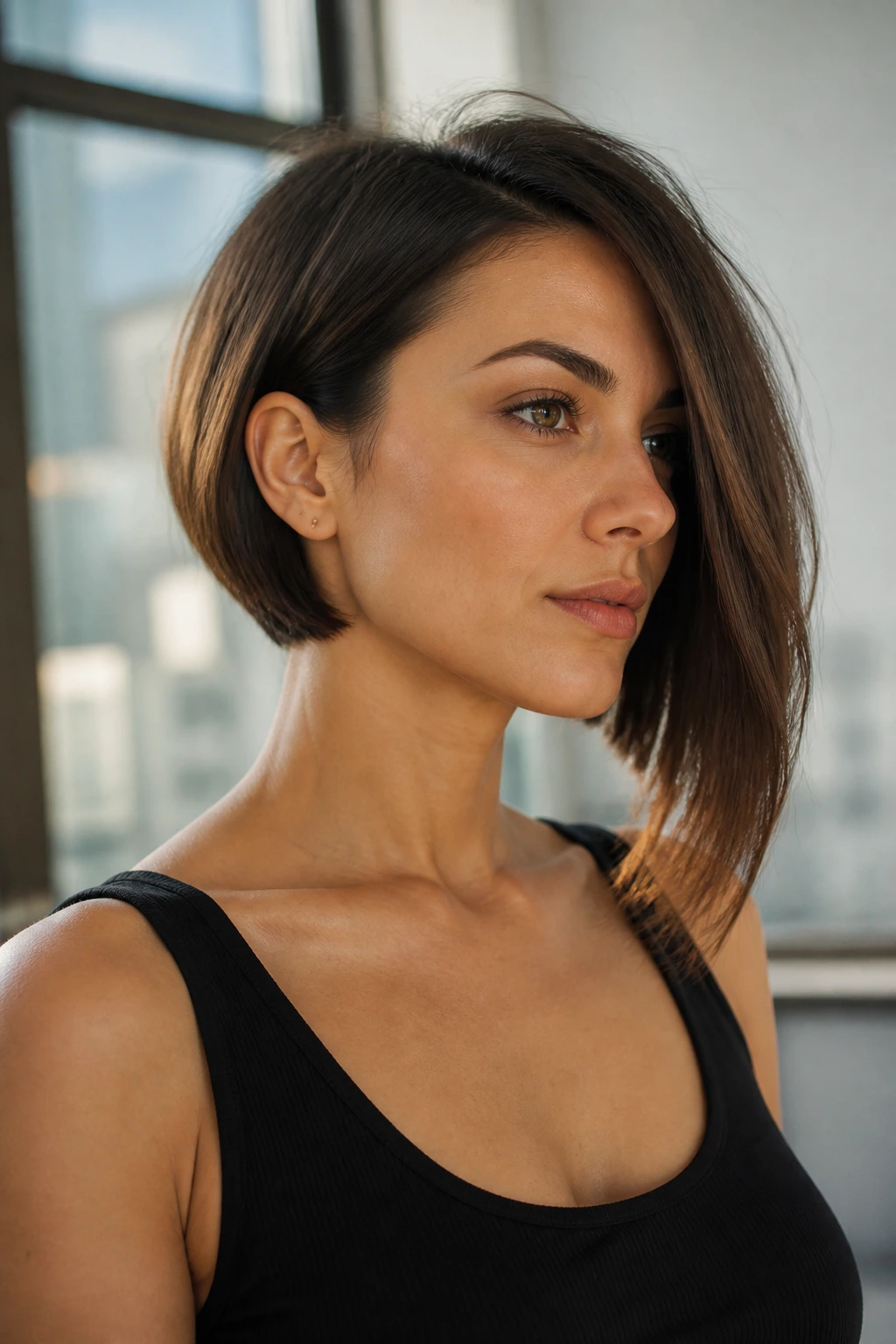 Real woman with an asymmetrical bob showing short and long sides in natural light