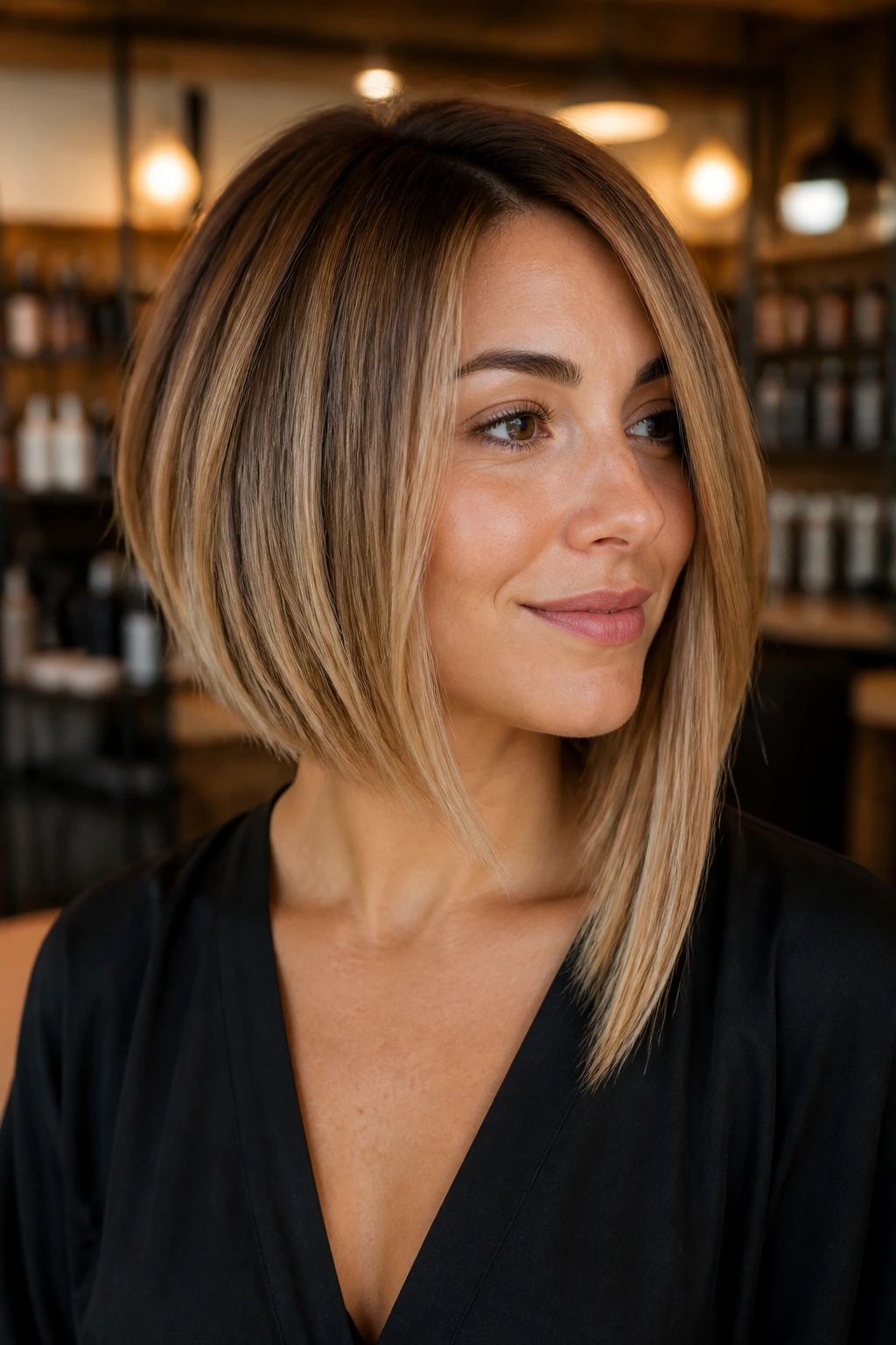 Close-up portrait of a real woman with an asymmetrical angled bob in honey blonde balayage