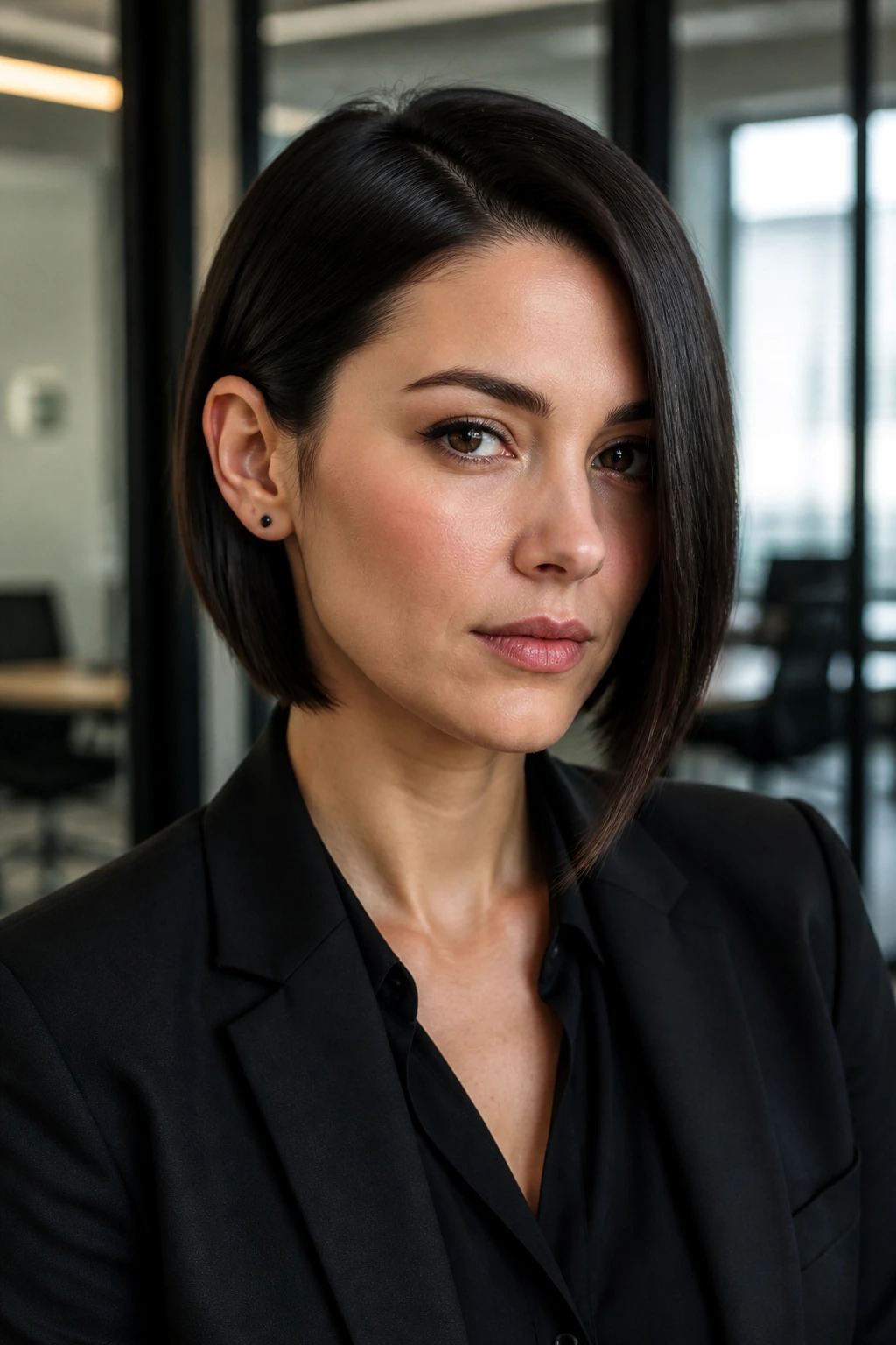 Woman with a structured asymmetrical bob in an office