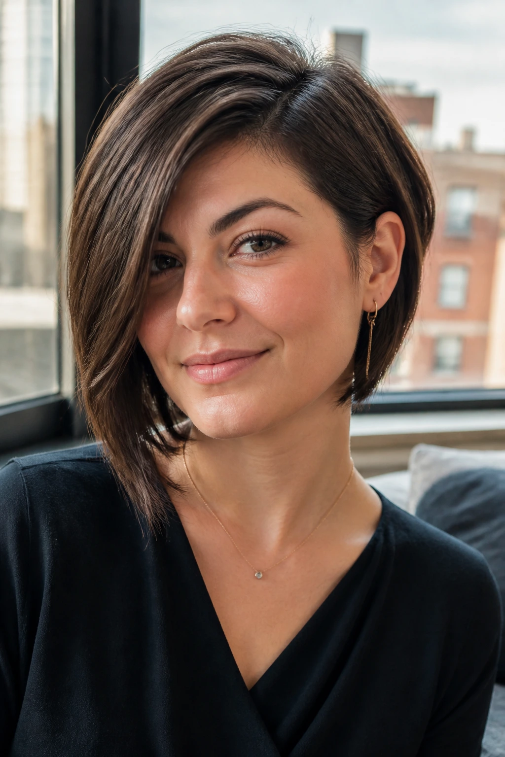 Portrait of woman with asymmetrical bob showing jawline