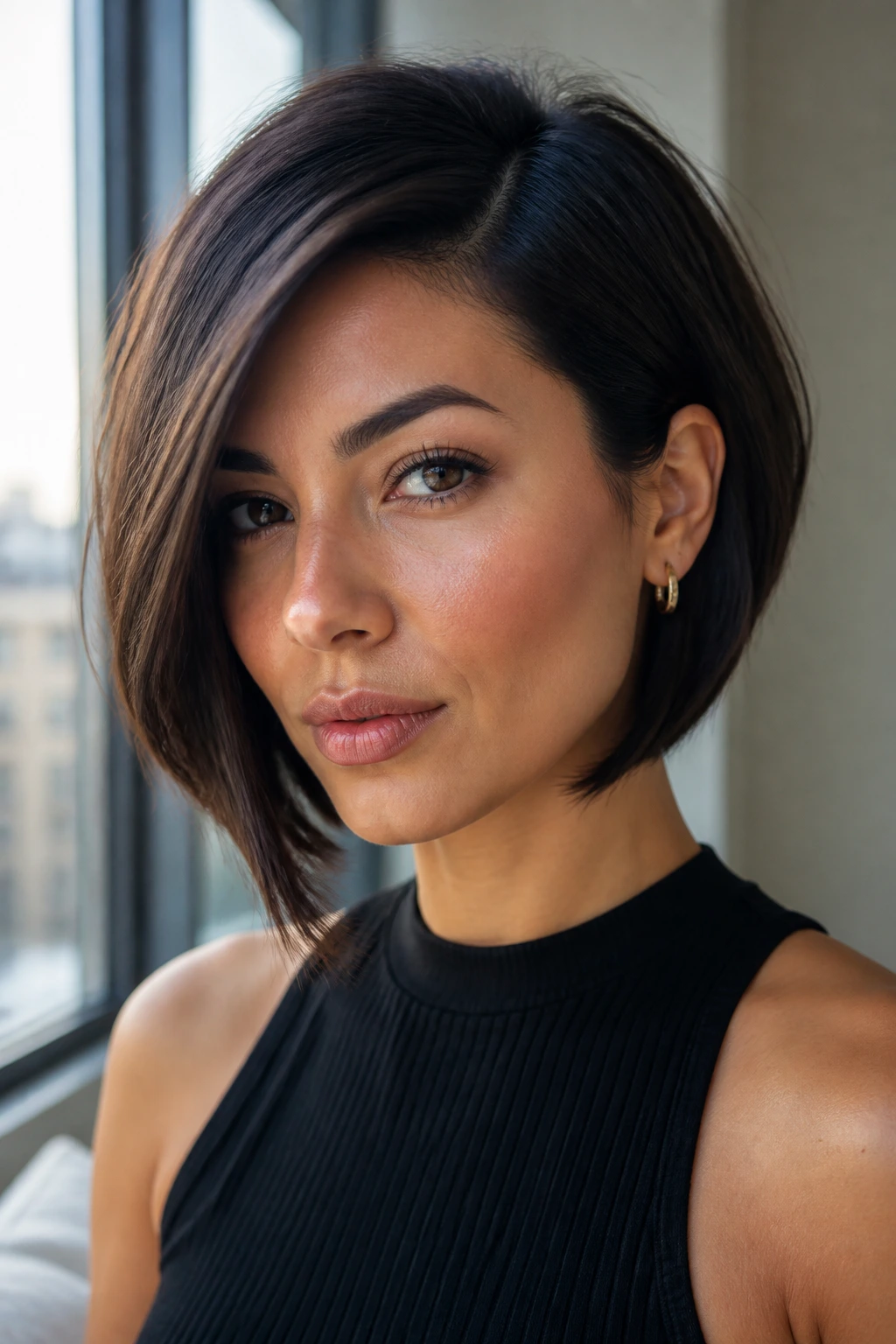 Real woman with an asymmetrical bob and a sharp line behind the ear