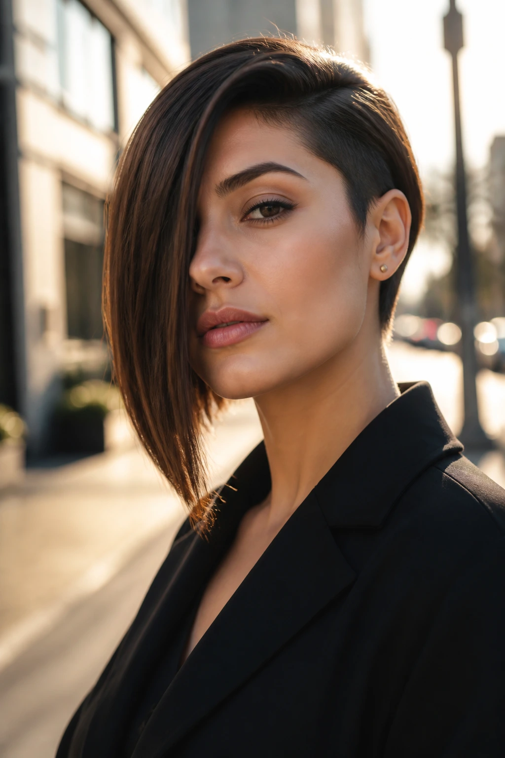 Three-quarter portrait of a woman with an asymmetrical bob